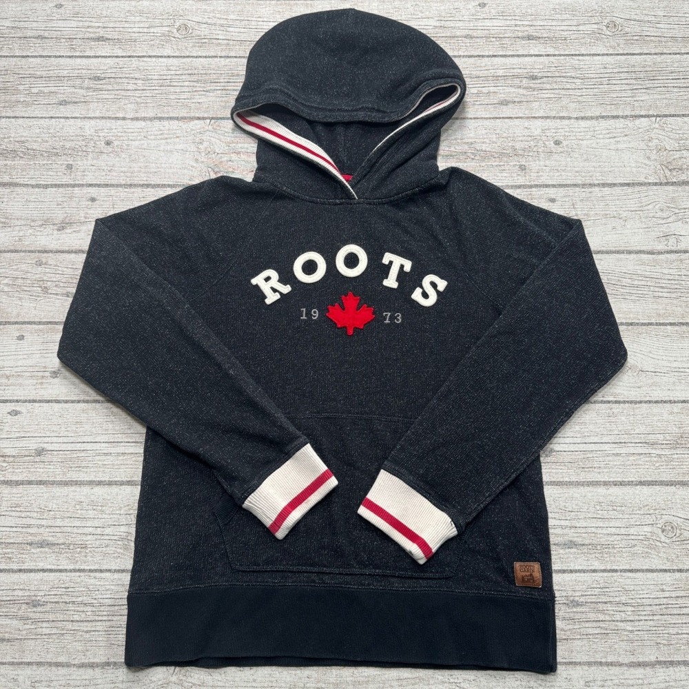 Roots Cabin Hoodie Women's Medium Black Salt Pepper Maple Leaf Pullover Lounge